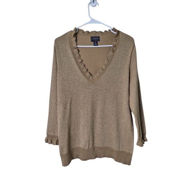 Chaps Sweater Womens Sz XL Gold Holiday Christmas Cocktail Ruffle V Neck Cuff - Picture 2 of 8